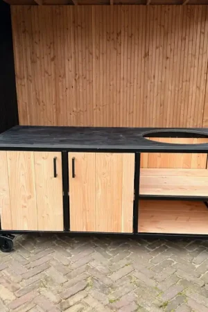 Buitenkeuken Douglas en staal met opbergkast en Zwart HPL werkblad - Lengte 180 cm Finale Uitverkoop